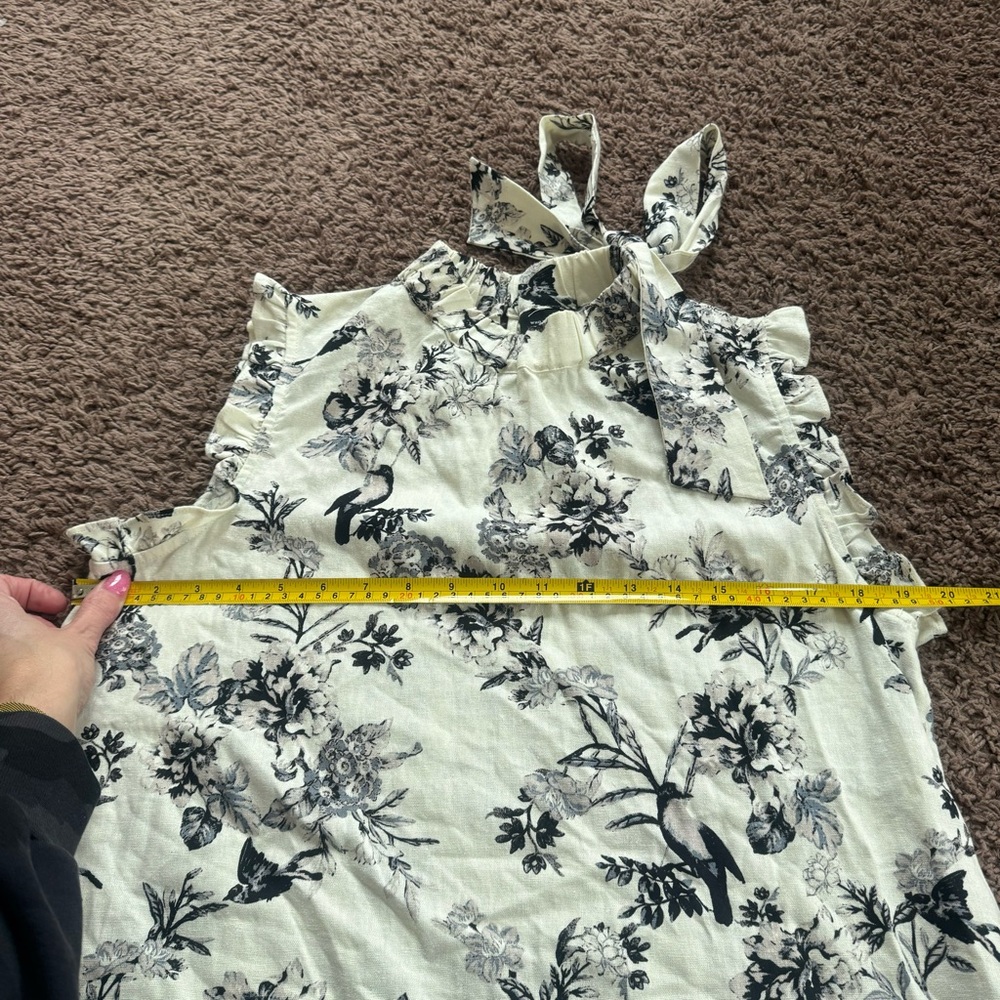 Who What Wear Floral Print Sleeveless Blouse Top Tie Neck Linen Black Cream M - Picture 9 of 10